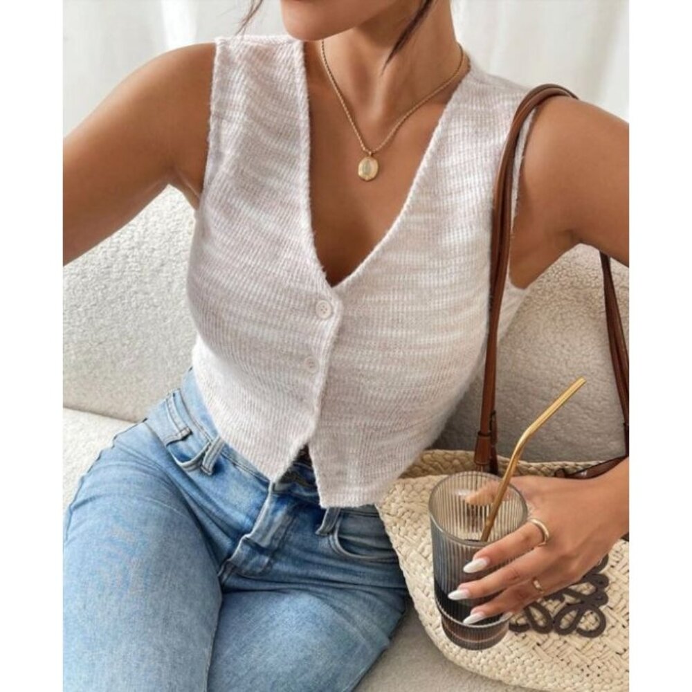 Women's Sleeveless Beige/Apricot Button-Up V-neck Knit Blazer Tank top Sz XS (2)